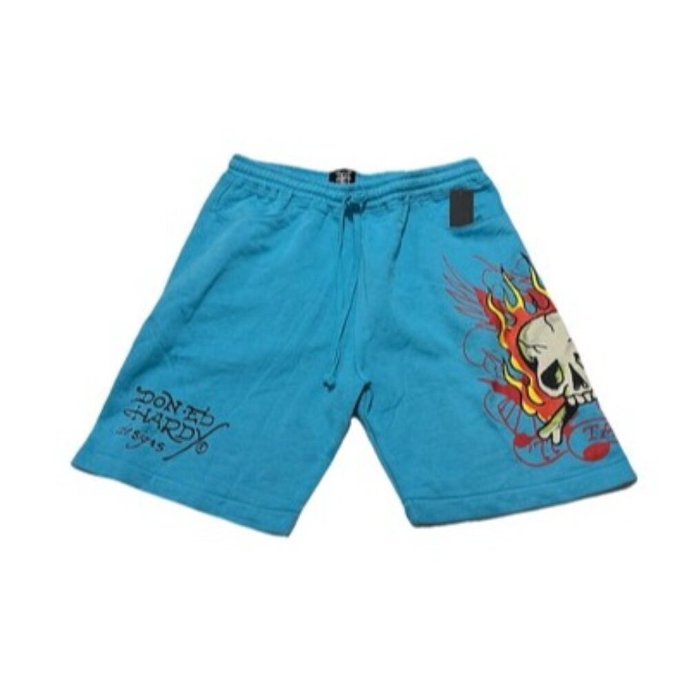 NEW Ed Hardy Retro Graphic Fleece Sweat Shorts Skull Flame Size Men’s XL Jewel